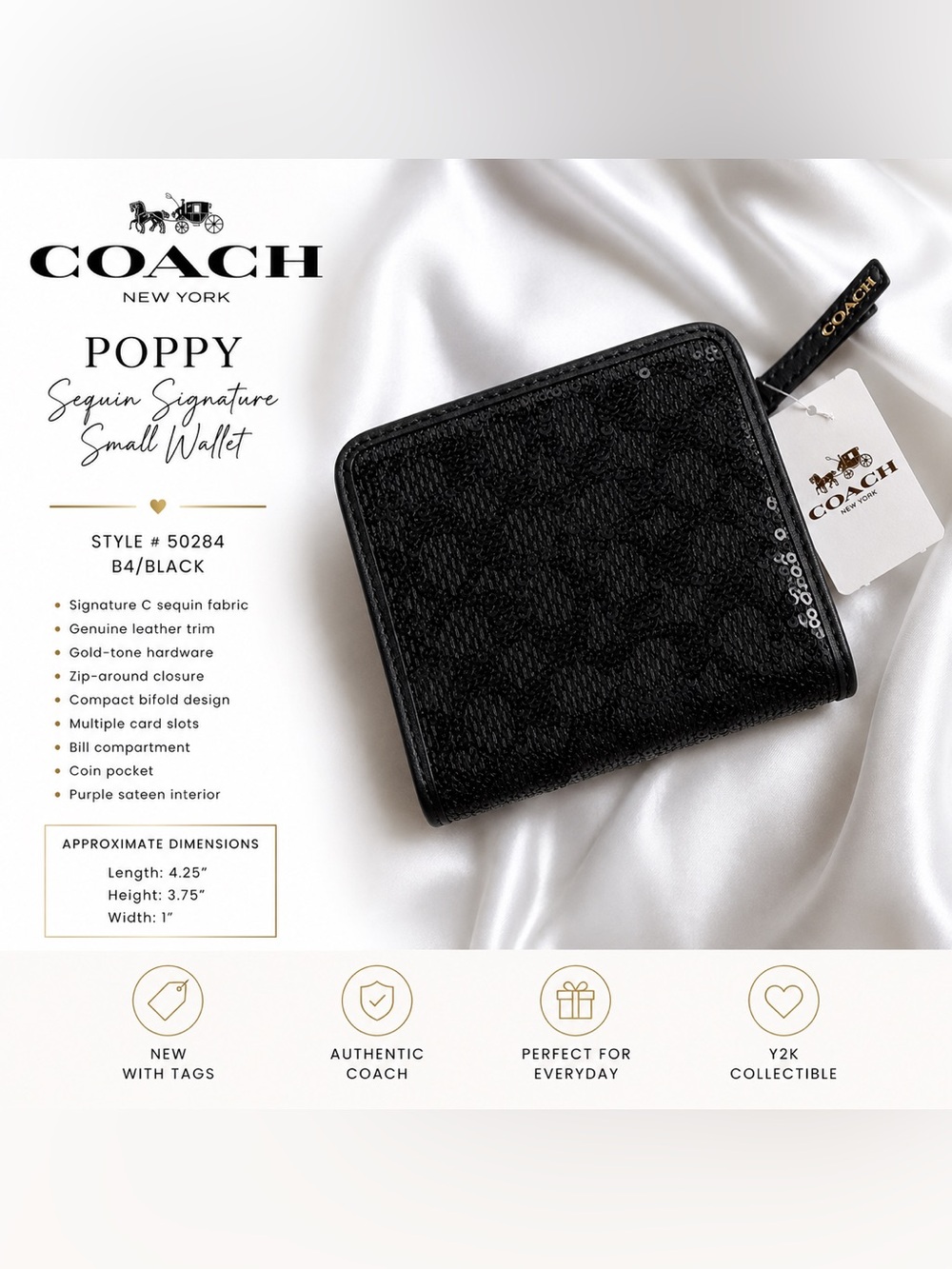 NWT Coach Poppy Black Sequin Signature Small Wallet Y2K Style 50284